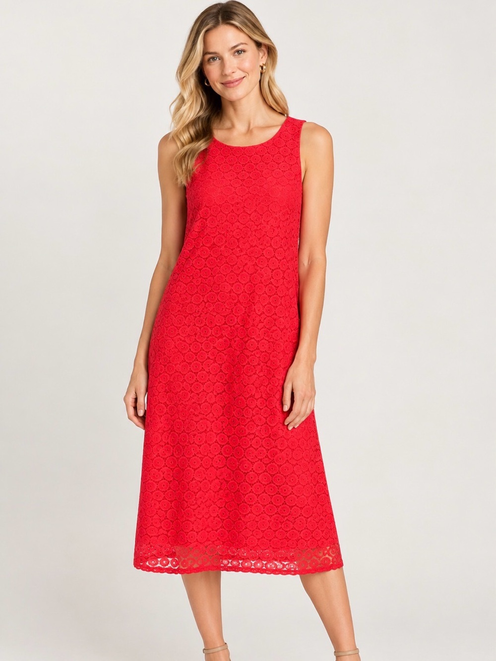 Tacera Red Lace Midi Shift Dress Size Small